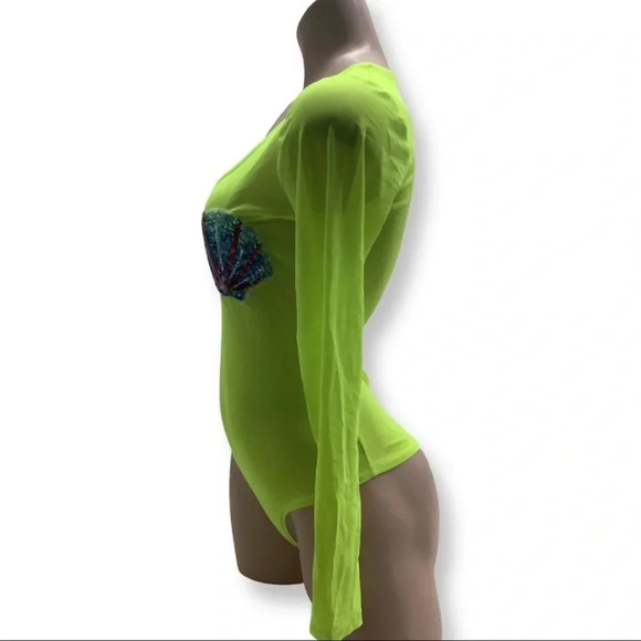 Mesh neon long sleeve bodysuit with Bedazzled Shells on Front Size Small NWOT - Picture 2 of 4